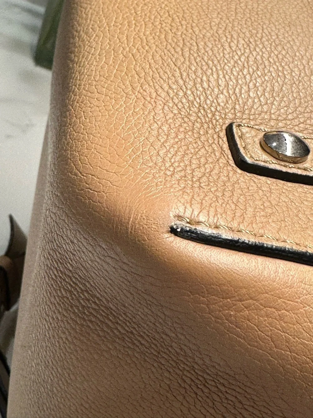 Burberry Tan White Leather Tote with Dark Green Handles